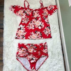 Torrid Red Floral Two Piece Swim Suit Top 3 Bottom 4